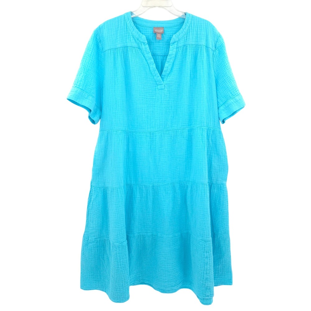 Chico's Tiered Gauze Dress Women 4 (XXL) Blue Short Sleeve V-Neck Pockets